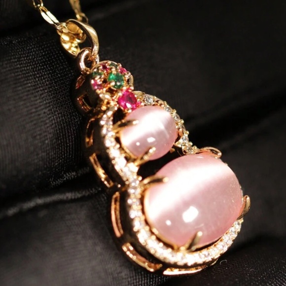 Gold Plated Pink, Red, And Colorful Cat's Eye Stone Gourd Chain Necklace - Picture 3 of 9